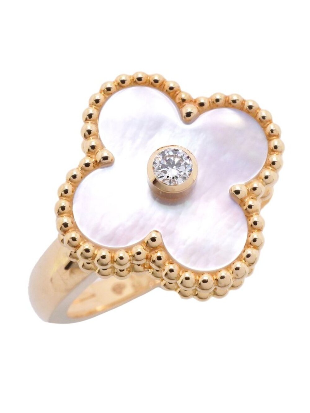 Van Cleef & Arpels Ring Vintage Alhambra Yellow Gold Diamond Mother of Pearl
